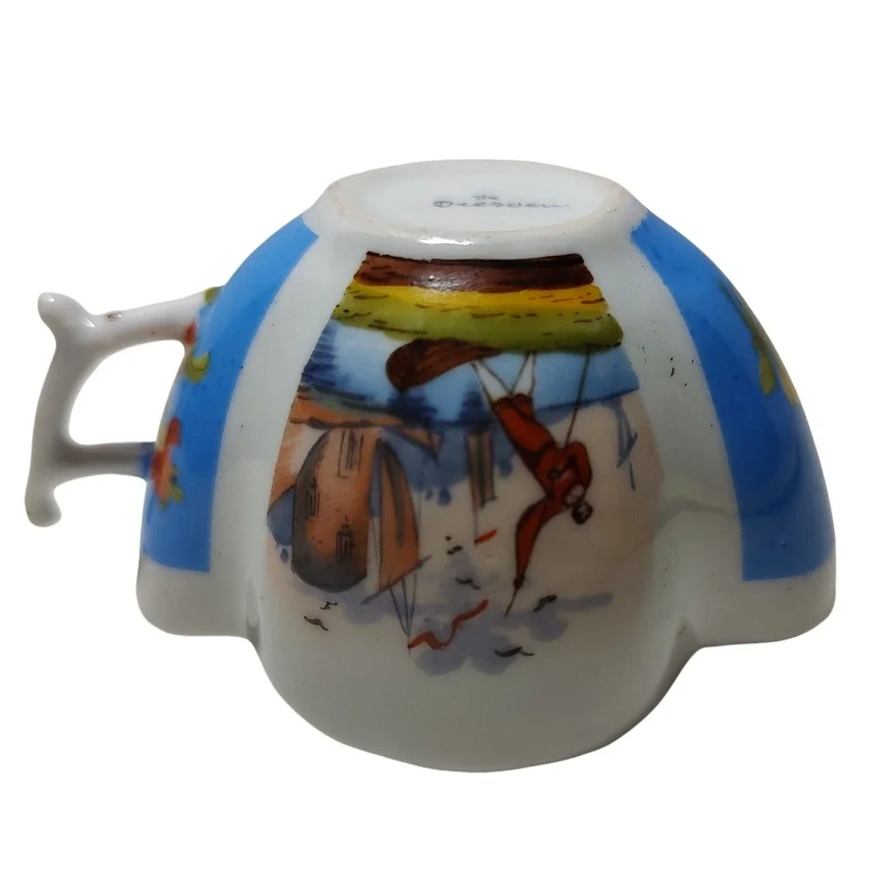Antique Dresden Demitasse Cup Hand Painted Blue Water Scene‎ Floral Quarterfoil